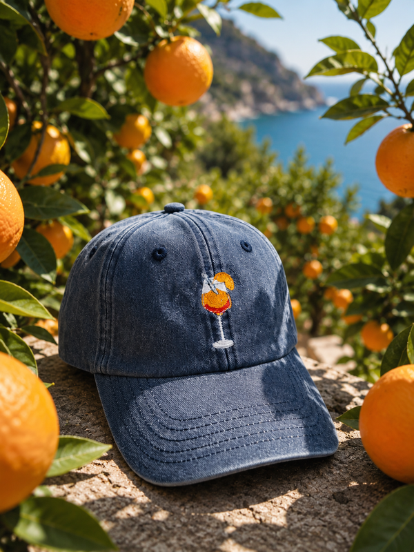 Aperol Spritz Cap | Vintage Denim Pet met Cocktail Borduring – Trendy Unisex Baseball Cap