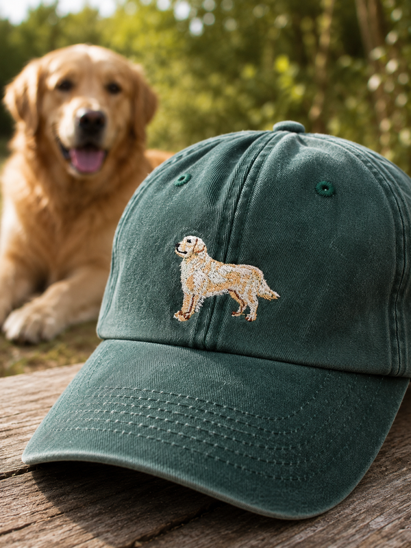 Golden Retriever Pet – Vintage Bottle Green Cap Geborduurd | Verstelbare Hondenliefhebber Pet voor Dames & Heren