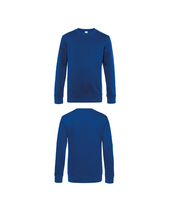 Royal blauwe King Sweater personaliseren met borduring of bedrukking – sterke kwaliteit en mooie pasvorm, professioneel geborduurd en bedrukt door PANTR. in Wevelgem.